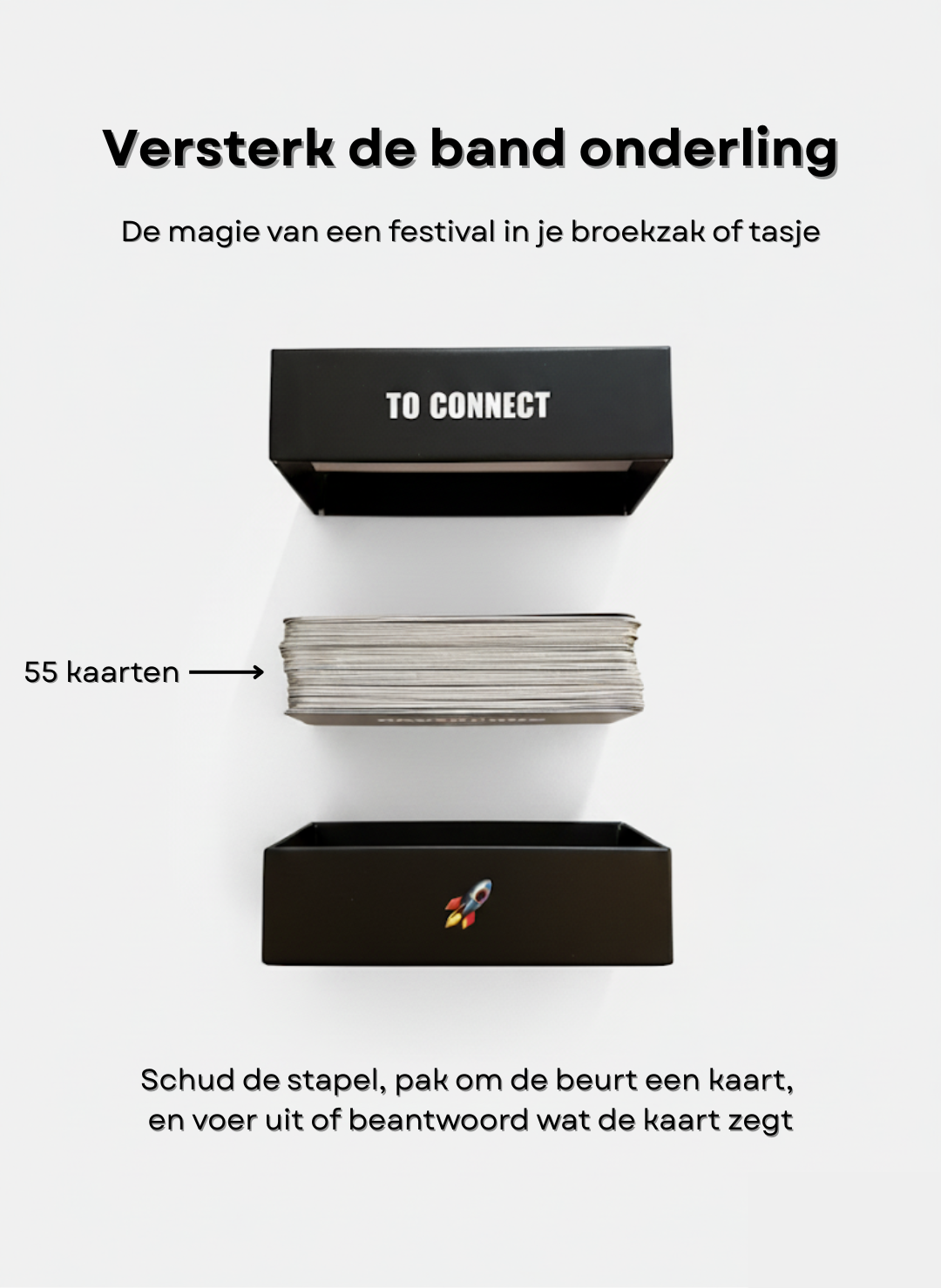 De Connect Ravecards kaartspel-editie bevat 55 unieke kaarten met hilarische vragen en opdrachten, speciaal ontworpen om het ijs te breken op een festival.